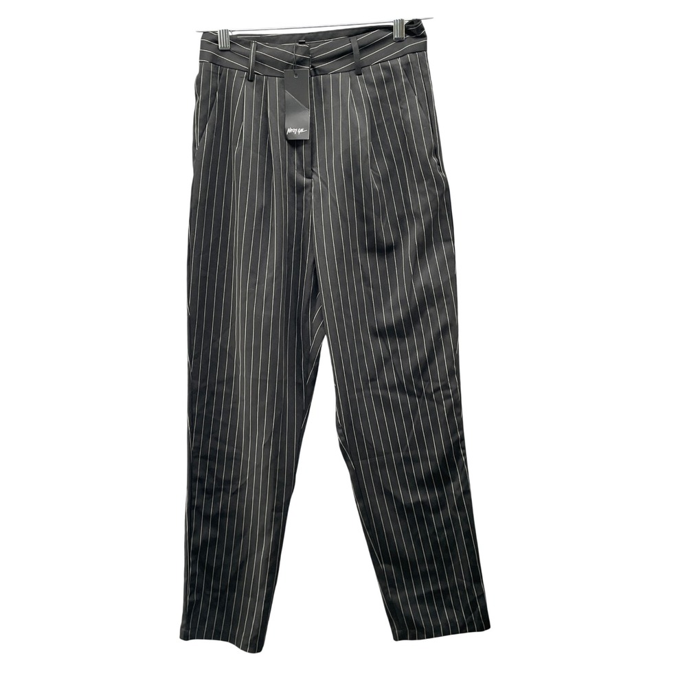 NWT Nasty Gal Pinstripe High Waisted Pleated Dress Pants Womens 6 Black Tapered